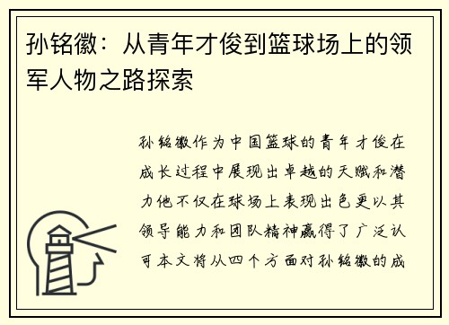 孙铭徽：从青年才俊到篮球场上的领军人物之路探索